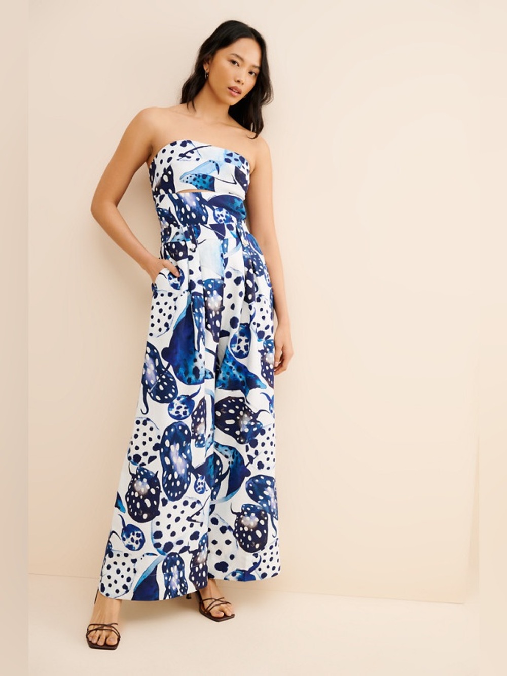 FARM Rio Mantas Strapless Maxi Jumpsuit Blue White Size S